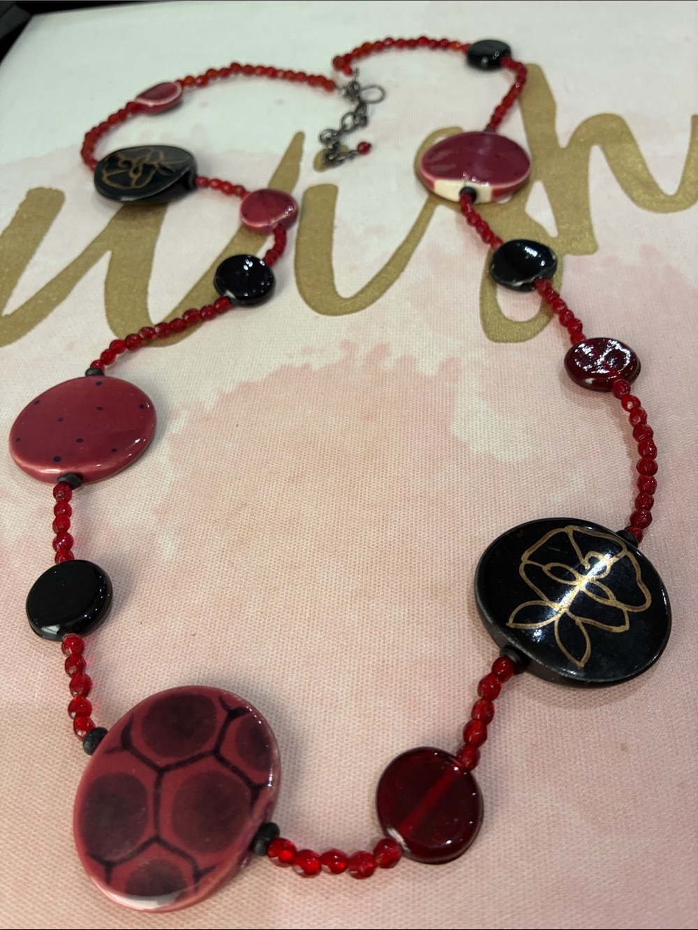 Handcrafted Red & Black Resin Ceramic Enamel Beaded Necklace